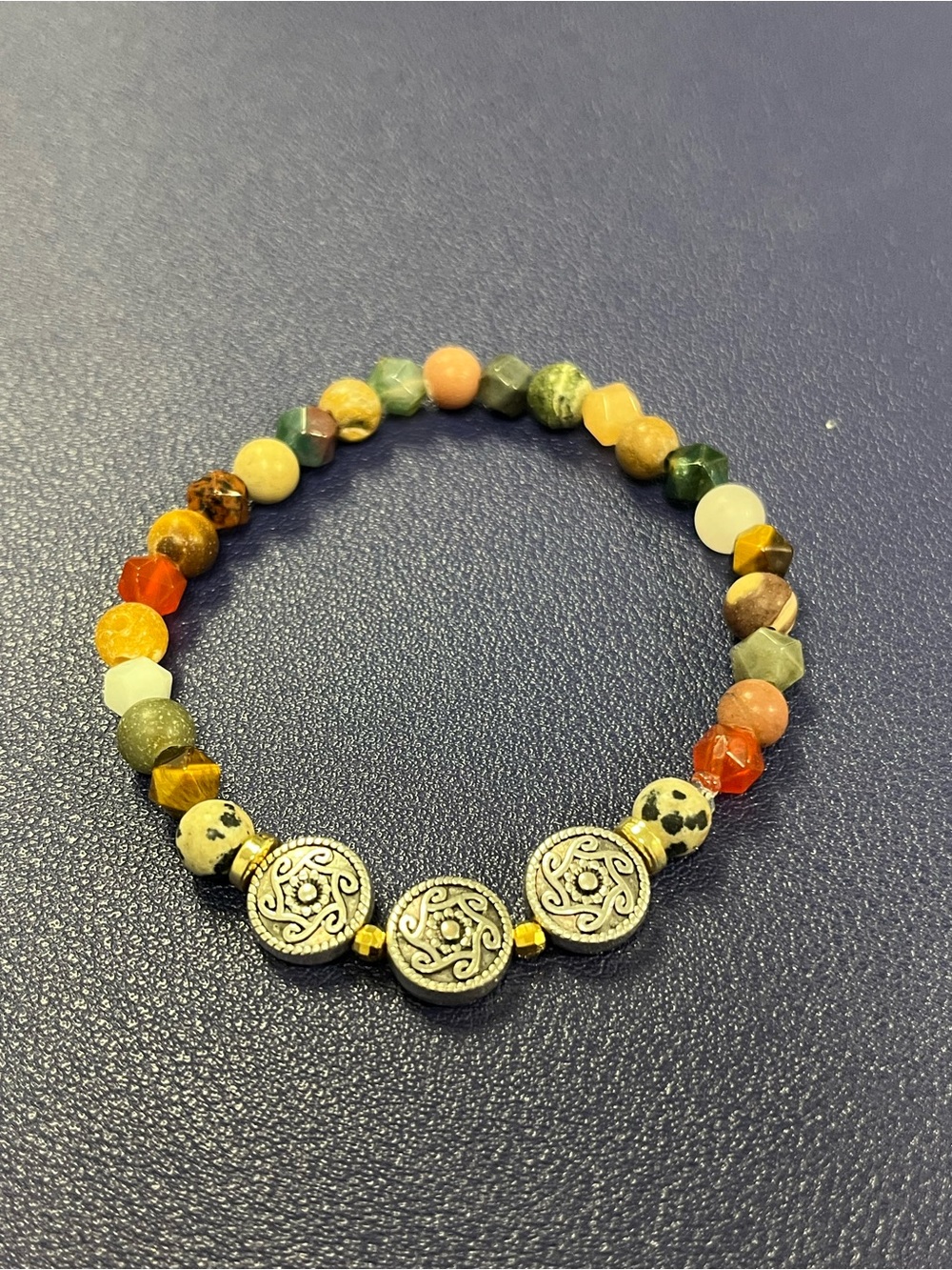 Multicolored Natural Stone Stretch Bracelet with Silver Accent Discs